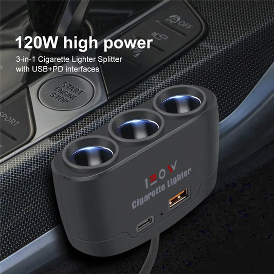 120W Dual USB Socket 3-in-1 Car Cigarette Lighter Splitter – Fast Charger & Power Adapter
