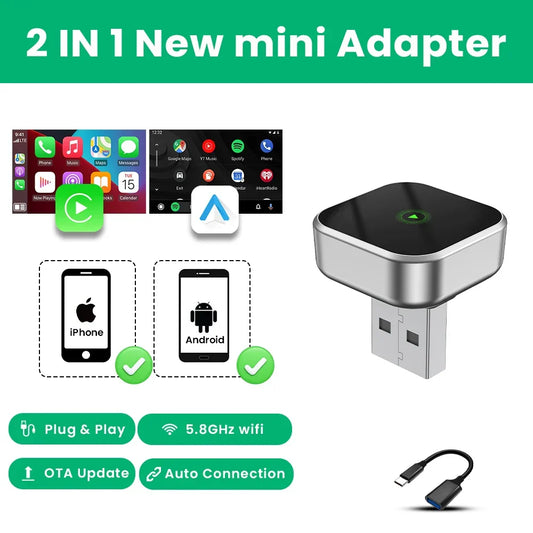 2-in-1 Wireless CarPlay & Android Auto Adapter – Smart Dongle with Plug & Play & OTA Updates