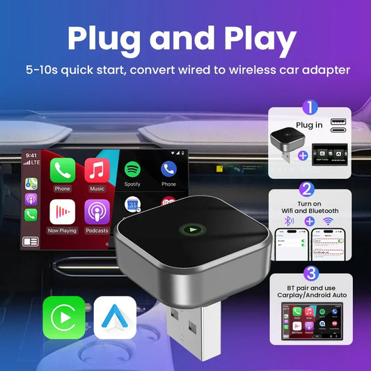2-in-1 Wireless CarPlay & Android Auto Adapter – Smart Dongle with Plug & Play & OTA Updates