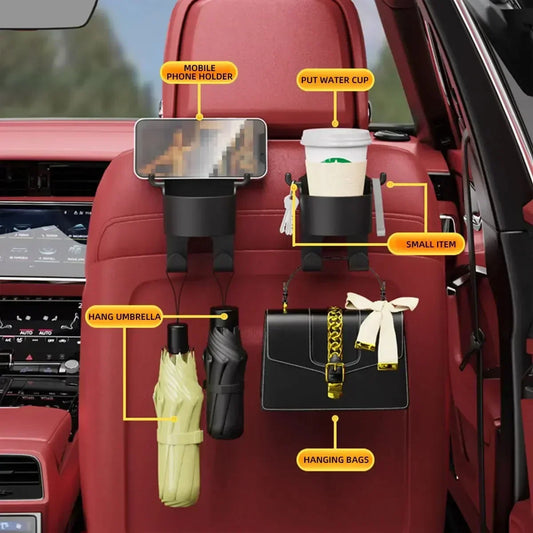 2PCS Car Seat Headrest Hook Hanger – Universal Storage Organizer with Cup Holder