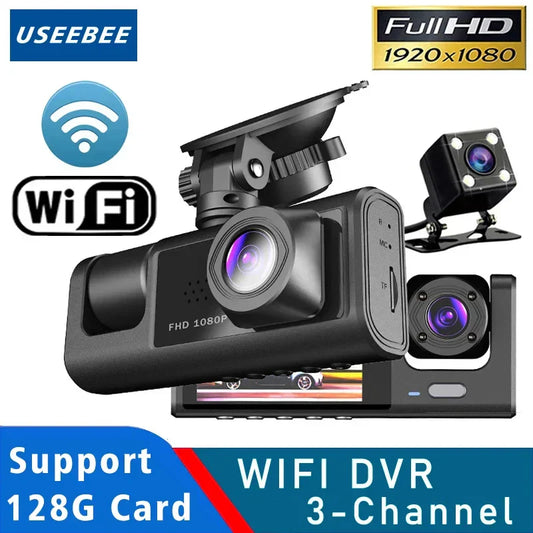 3-Camera WiFi Dash Cam – 1080P Cabin & Vehicle Three-Way DVR Recorder