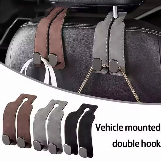 2-in-1 Car Headrest Hook – Premium Suede Rear Seat Dual Hook Hanger (20KG Load-Bearing)